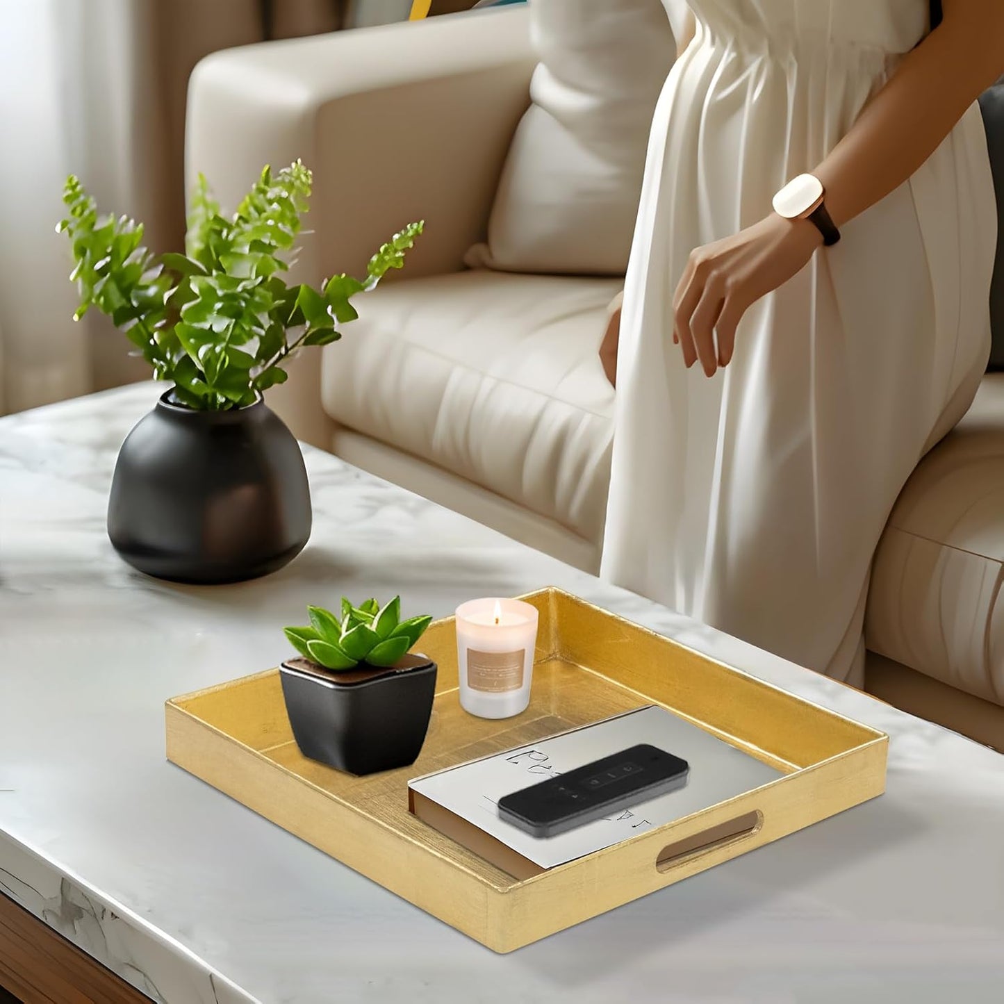 13" 13" 1.6" MAONAME Gold Decorative Tray with Handles, Foil Serving Tray for Ottoman, Square Coffee Table Trays