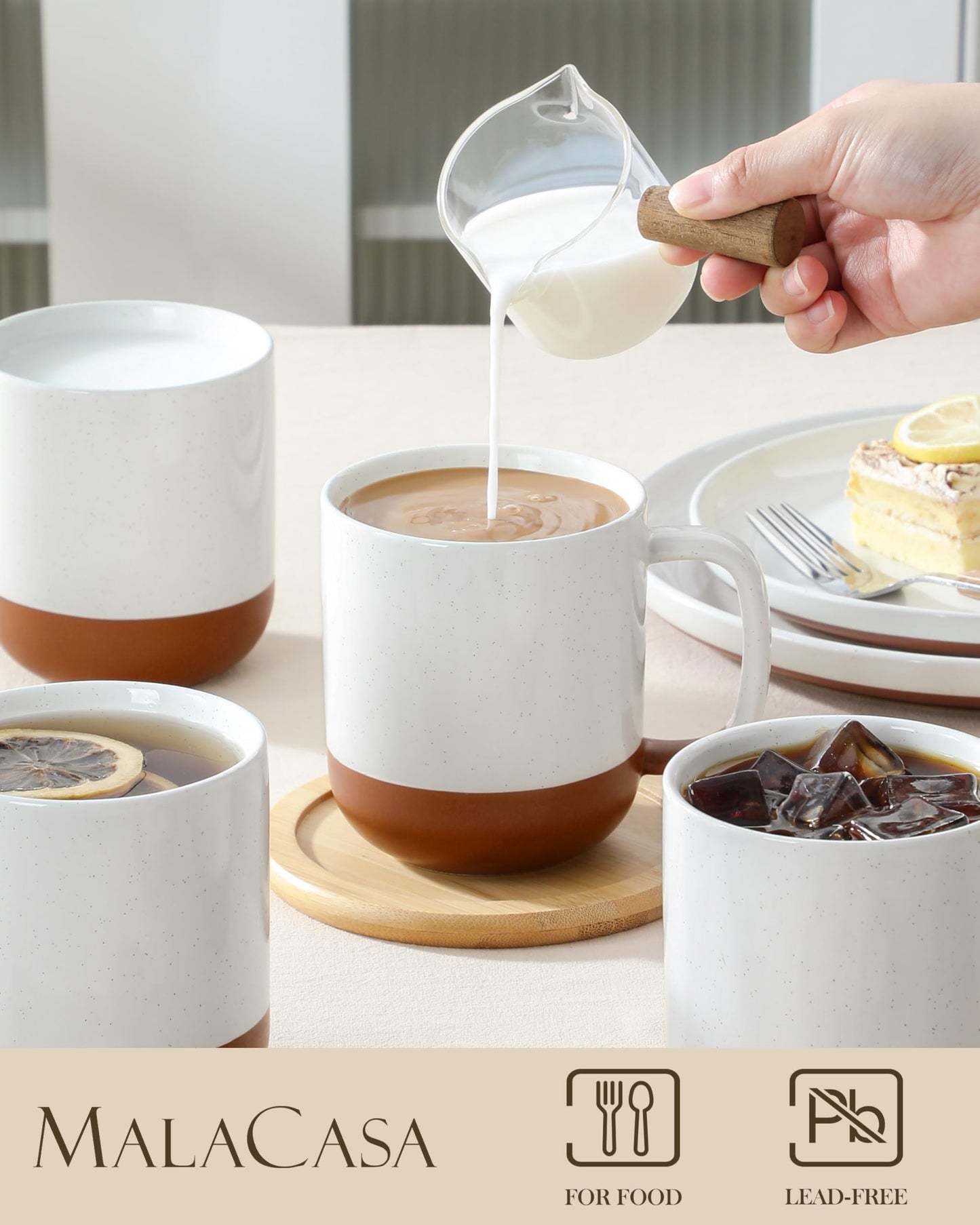 MALACASA Ceramic Coffee Mugs Set of 4, 16oz Coffee Cups, Modern Farmhouse Mugs for Coffee, Latte, Tea, Hot Chocolate, Cappuccino, Milk, Microwave & Dishwasher Safe, Khaki White, Series TARA