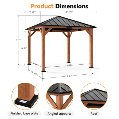 Modern Shade Tranquil Grove Wood Gazebo 10' x 10', Hardtop Gazebo Permanent with Galvanized Steel Roof, Cedar Outdoor Gazebo with Sturdy Hooks for Garden, Backyard, Patio and Deck