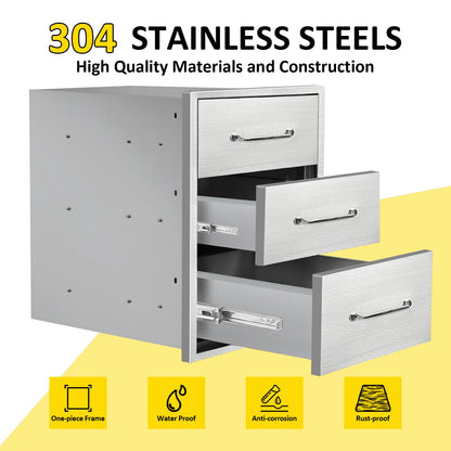 SGOLAN Outdoor Kitchen Drawers 16" W x 21" H x 23" D Flush Mount Triple BBQ Drawers with Chrome Handle Stainless Steel Drawer for Outdoor Kitchen Island, Patio Grill Station