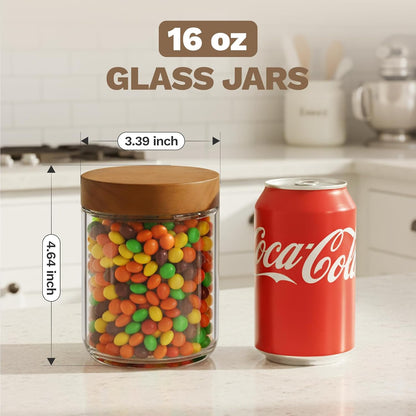 16oz+8oz 8-Pack Bumobum Overnight Oats Containers with Lids, Glass Mason Jars with Acacia Wood Airtight Lid, Wide Mouth