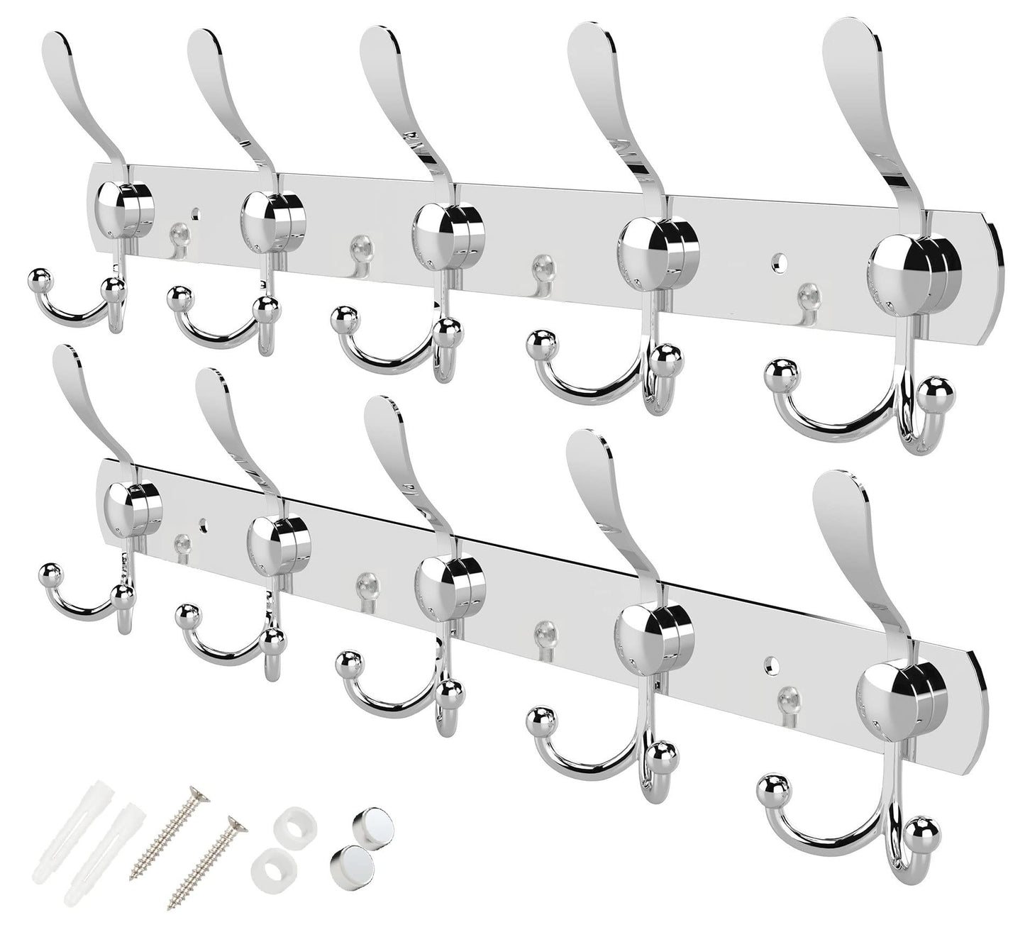 GlazieVault Coat Rack Wall Mount - Stainless Steel Coat Hooks (2 Pack) - Heavy Duty Wall Hooks for Clothes & Accessories (Silver Tri)