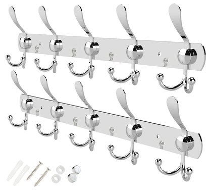 GlazieVault Coat Rack Wall Mount - Stainless Steel Coat Hooks (2 Pack) - Heavy Duty Wall Hooks for Clothes & Accessories (Silver Tri)