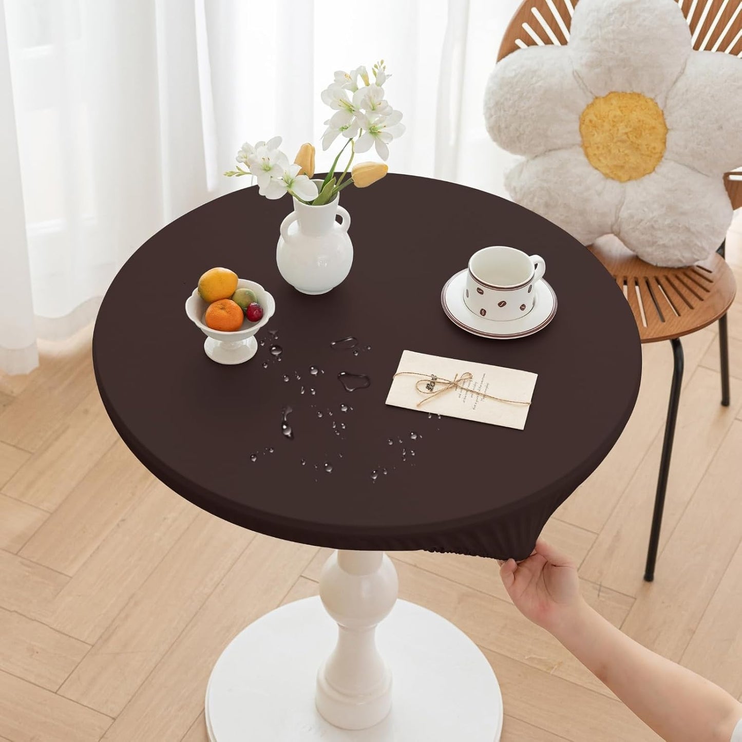 28 Inch (Coffee,28" Round Fitted PU Tablecloth with High Elastic Edge Dia Waterproof Oil Proof Table Cloth Anti-Scald