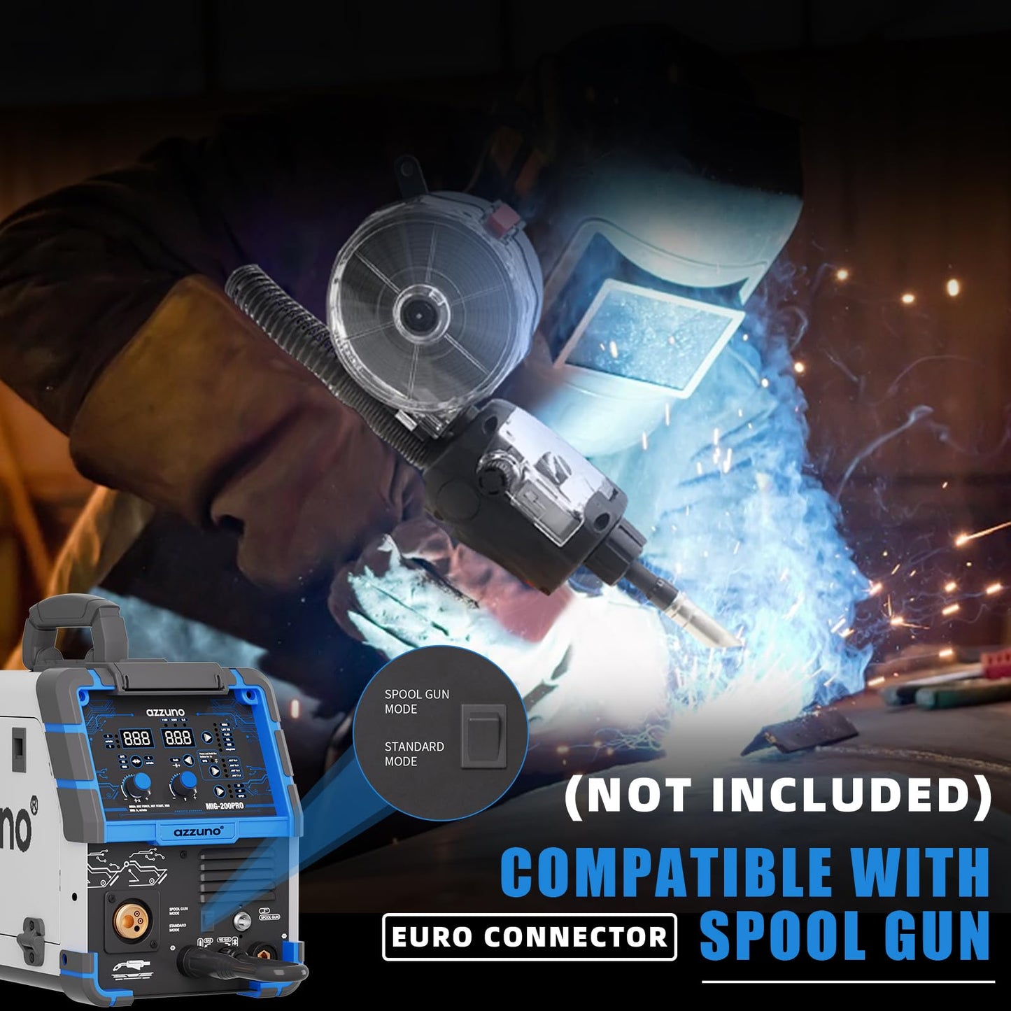 AZZUNO MIG Welder 110V/220V+Spool Gun, 200A 8 in 1 Welder Machine Flux Core MIG/Gas MIG/MAG/Aluminum MIG/Spot MIG/Lift TIG/Stick Welding/Spool Gun Compatible, Multiprocess Welding Machine