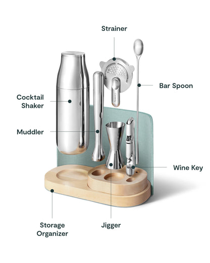 Caraway 9-Piece Complete Bar Set - Cocktail Shaker, Jigger, Muddler, Wine Key, Strainer, Bar Spoon, Storage Organizer, Magnetic Backer - Bartender Accessories - Tools for Home Bartending - Mist