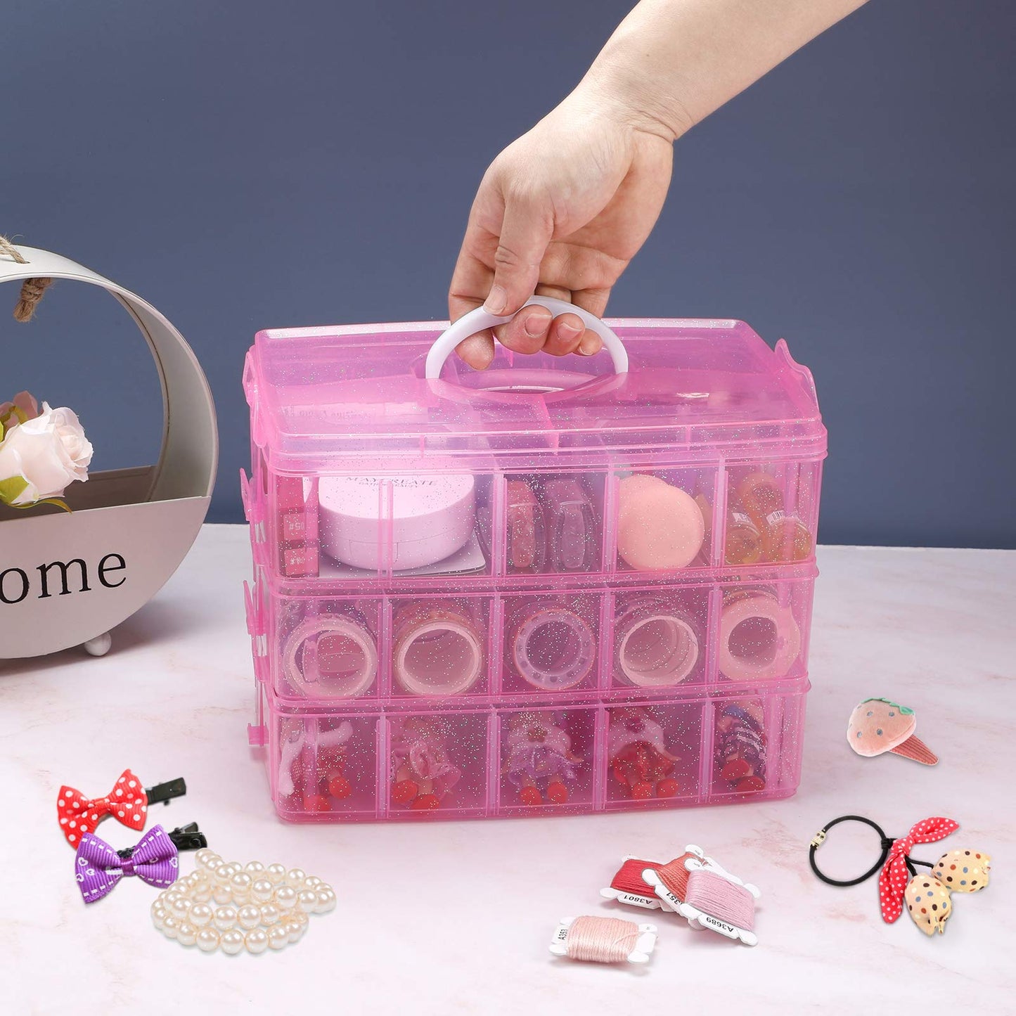 SGHUO Bead Organizers and Storage 3-Tier Pink Craft Container Stackable Box with Dividers for Art Supplies, Washi Tapes, Seed, Hair Accessories, Nail, 9.5X6.5X7.2in