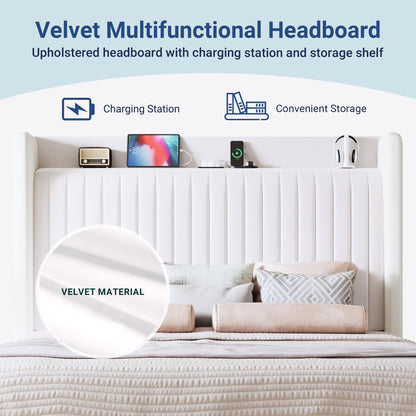 Allewie King Size Platform Bed Frame with USB Charging Station and Storage Shelf/Upholstered Velvet Wingback Headboard/Wooden Slats Support/No Box Spring Needed/Easy Assembly, White