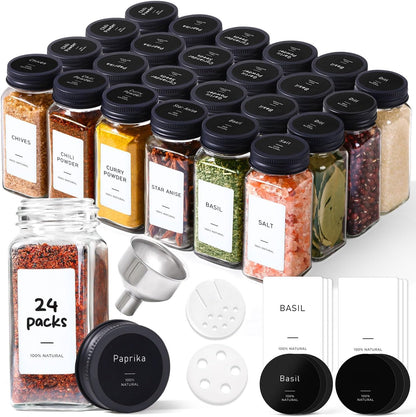 24Pcs 4oz, 93 ComSaf Glass Spice Jars with Label, Labels, a Metal Funnel, Extra Shaker Lids, Empty Spice Containers