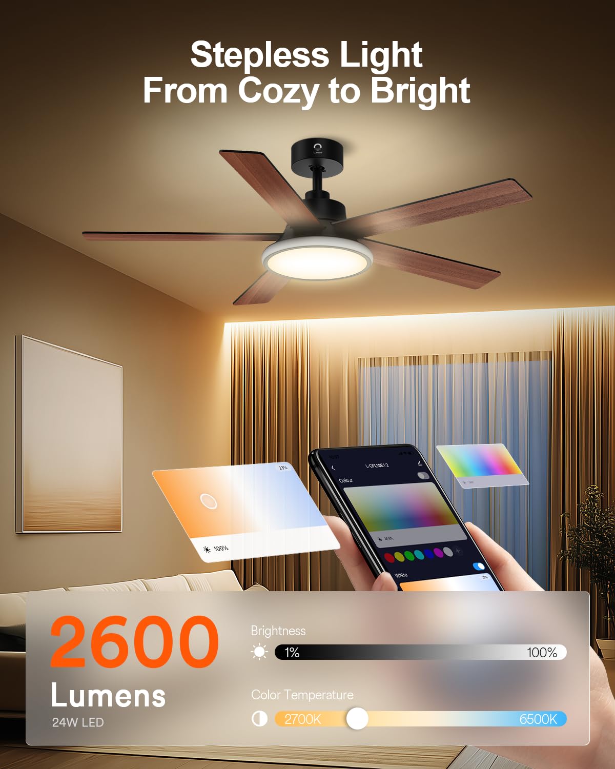 Lumary 52'' Smart Ceiling Fan with RGBAI Lights Remote, WiFi Bluetooth Low Profile Ceiling Fan with Alexa Google App, Dimmable & Color Tuning, 46 Scene, Modern Flush Mount for Bedroom Living Room