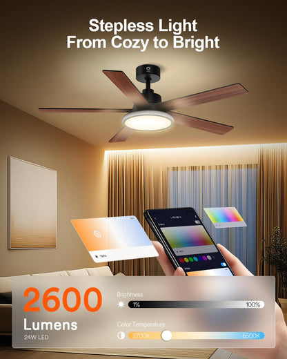 Lumary 52'' Smart Ceiling Fan with RGBAI Lights Remote, WiFi Bluetooth Low Profile Ceiling Fan with Alexa Google App, Dimmable & Color Tuning, 46 Scene, Modern Flush Mount for Bedroom Living Room