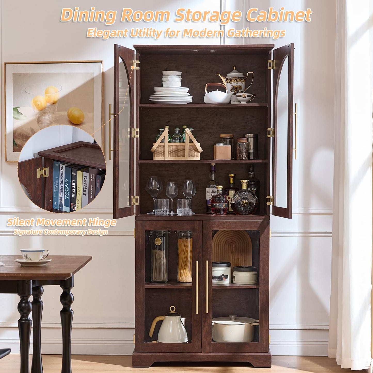 Joaxswe 72" Tall Bookshelf Set of 2, Farmhouse Bookcase with 3-Tier Adjustable Shelves, Modern Living Room Display Cabinet with Glass Doors, Large Storage Cabinet for Home Office,Dining Room, Walnut
