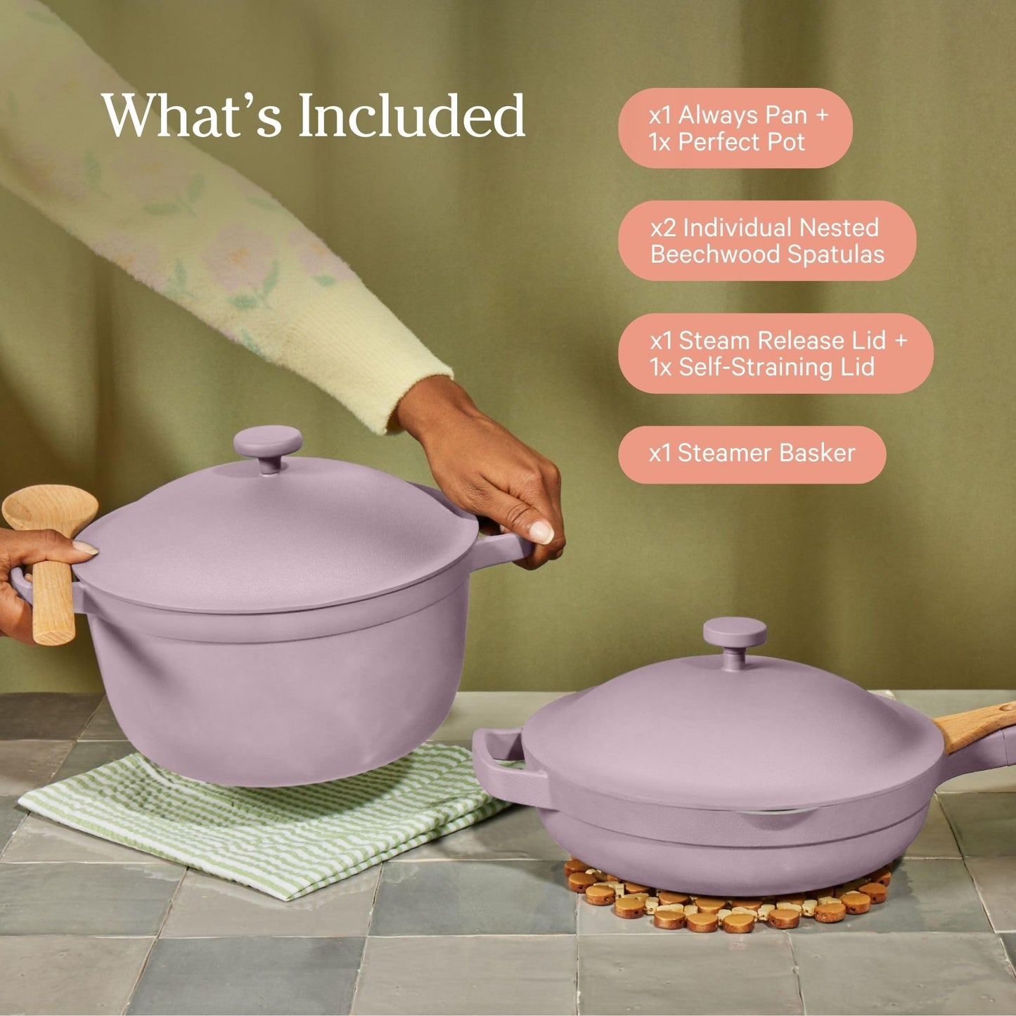 Our Place Cookware Duo | 7-Piece Ceramic Cookware Set with 10.5" Always Pan 2.0, 5.5 Qt Perfect Pot & Strainer Basket | Induction & Oven Safe up to 450°F | Nonstick, Non-Toxic Cookware | Sage