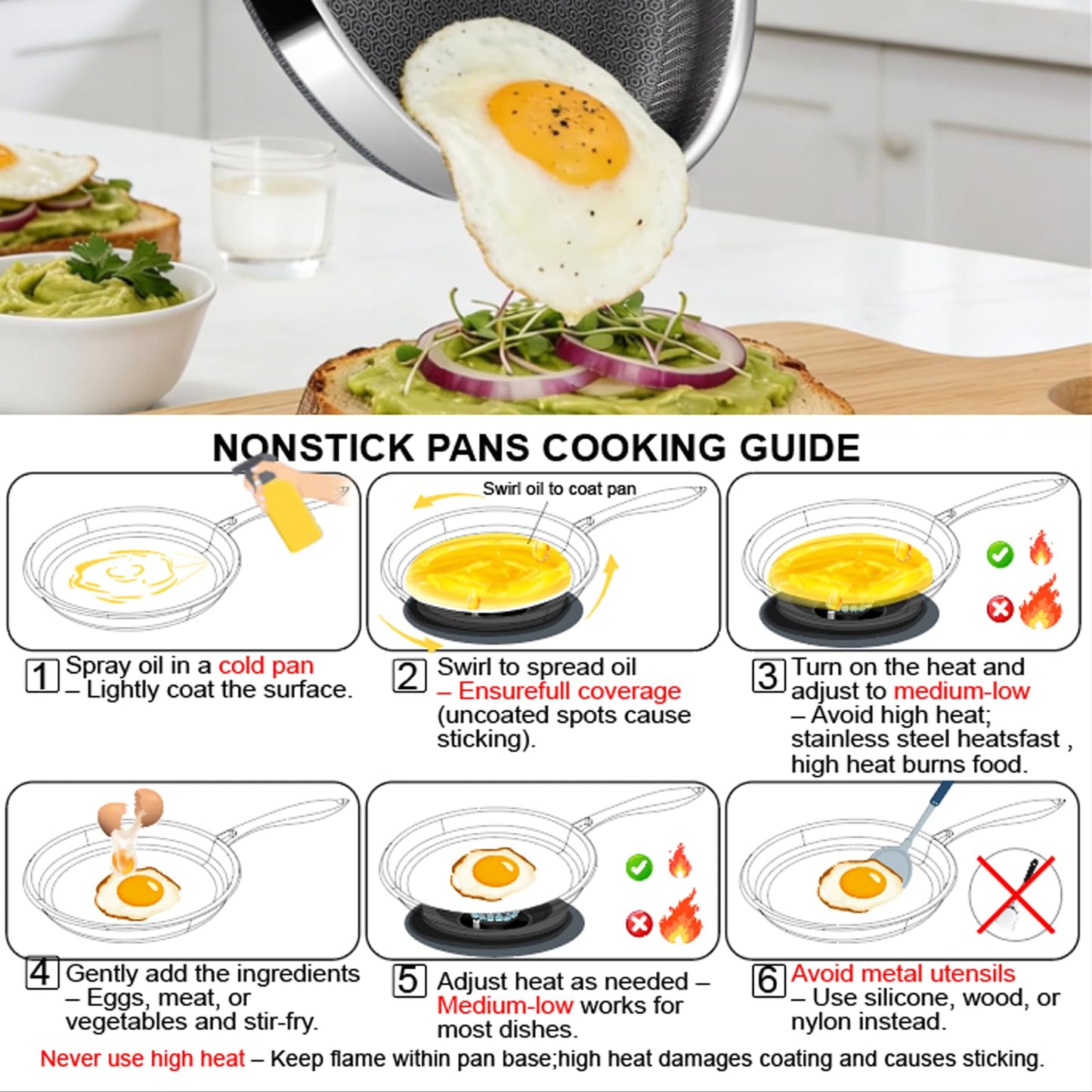 Vocvee Non Stick Frying Pans, 12-inch with Lid, Hybrid Frying Pans Nonstick Stainless Steel Skillets, Dishwasher & Oven-Safe, Stay-Cool Handle, PFOA Free Cookware, Compatible with All Cooktops
