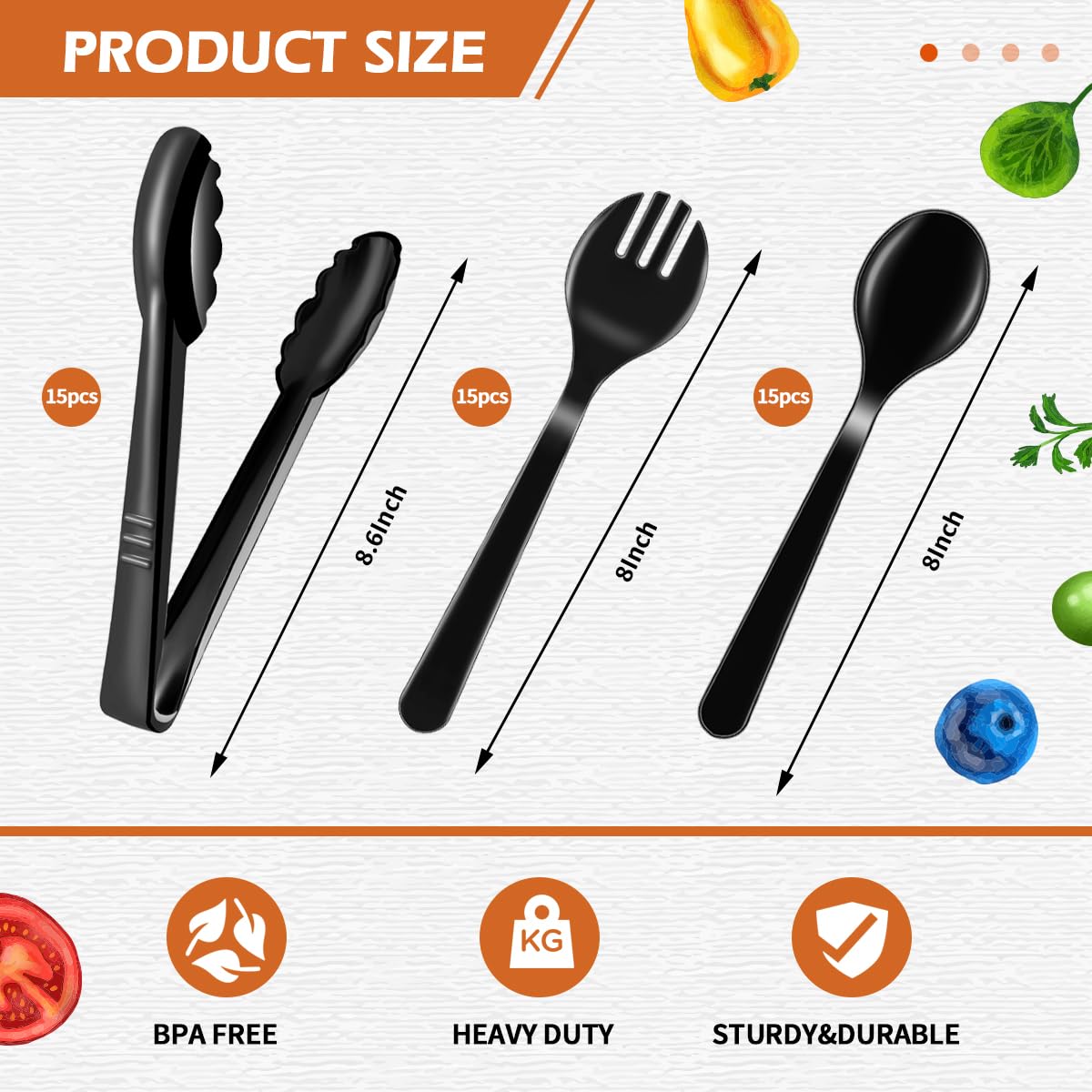 45Pcs Plastic Serving Utensils Set Black Disposable Serving Spoons Tongs Forks for Serving Food Heavy Duty Large Serving Utensils Supplies for Parties Buffet Restaurant Dinner