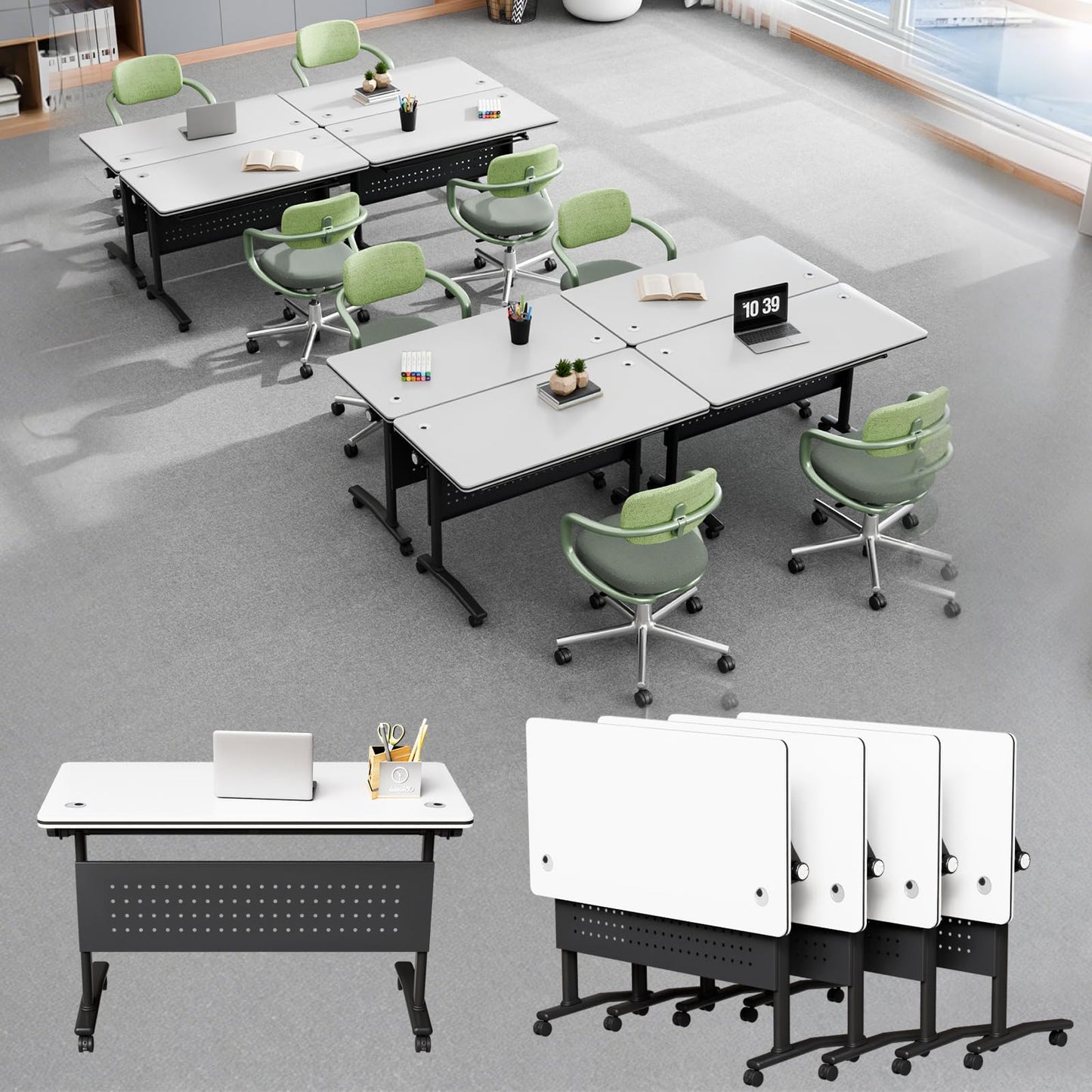 Mobile Folding Conference Table with Wheels,4 Pack Modern Conference Room Tables for 6-12 Person,61IN Training Locking Rolling Meeting Conference Tables with Flip-Top for Office Classroom Business