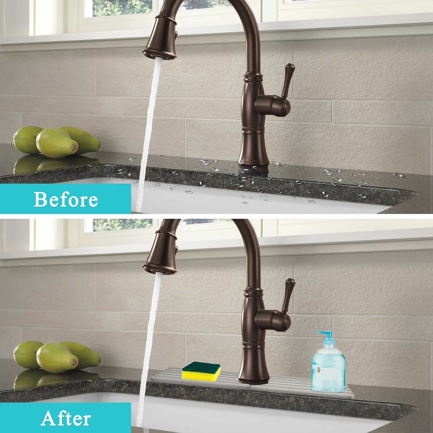 Diatomite Kitchen Faucet Mat, Quick Drying Splash Guard for Sink, Grey Water Absorbing Stone Tray for Countertop