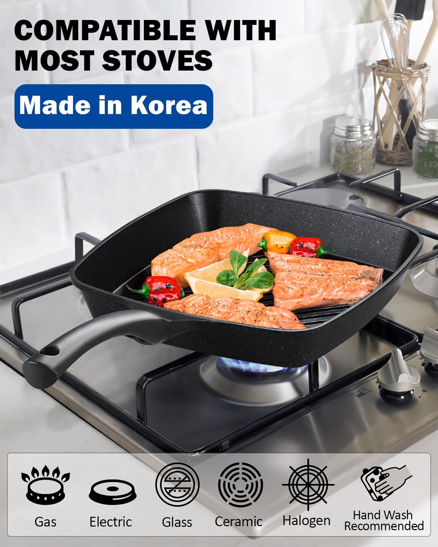 Cook N Home Grill Pan Nonstick Square for Stove Tops, Die Cast Aluminum Griddle Pan Marble 11-inch Cookware Fry Pan, Black