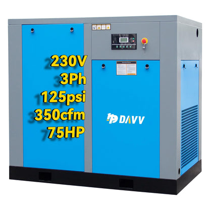 HPDAVV Rotary Screw Air Compressor 55KW 75HP 208-230V/60Hz/3-Phase Heavy Duty Stationary Industrial Air Compressed System 350CFM Max.Pressure 125PSI Commercial Air Compressor