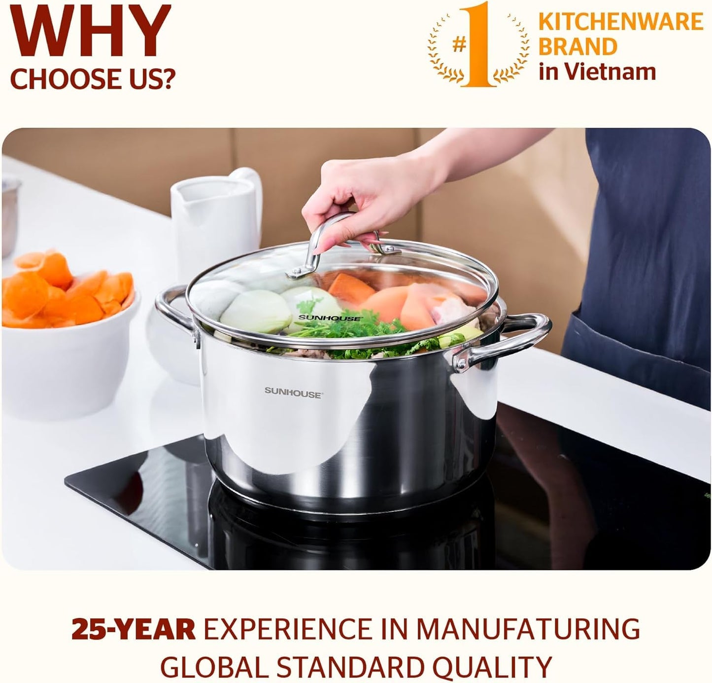SUNHOUSE Stainless Steel Stock Pot - 7 Quart Heavy-Duty Induction Cooking Pot with Visible Lid for Pasta, Soup, Spaghetti - Nonstick Thick-Bottom Deep Stockpot for Canning, Boiling, and Simmering