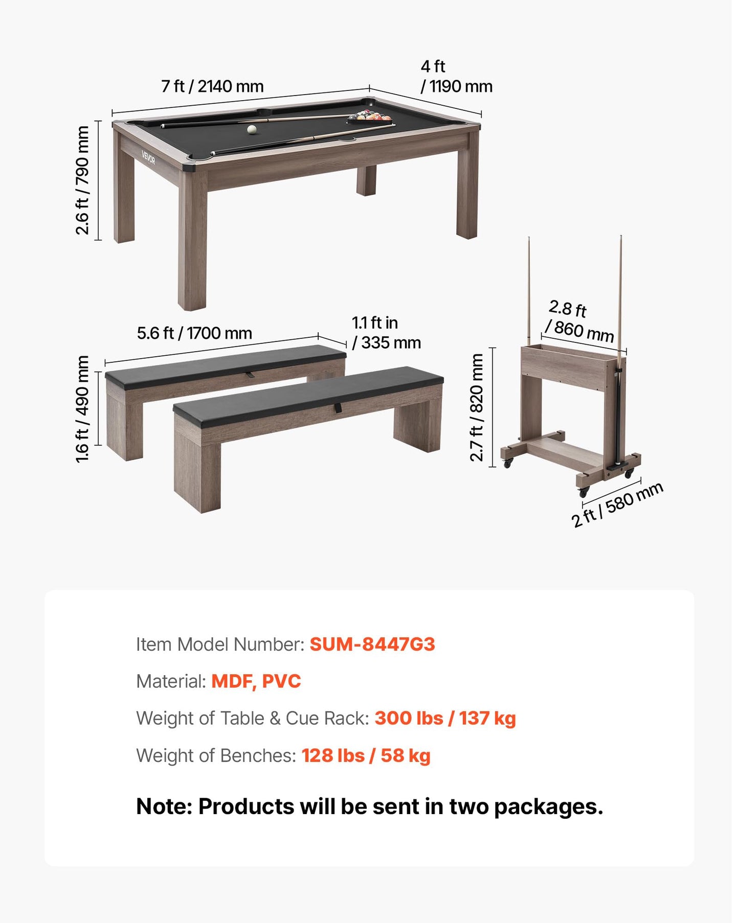 VEVOR 7ft Pool Table Combo Set, 3-in-1 Multi Game Billiards Tables with Dining Top and Ping Pong, 2 Benches for Storage and Accessories, Includes Ball Cue Rack Chalk Brush, for Family Recreation Room