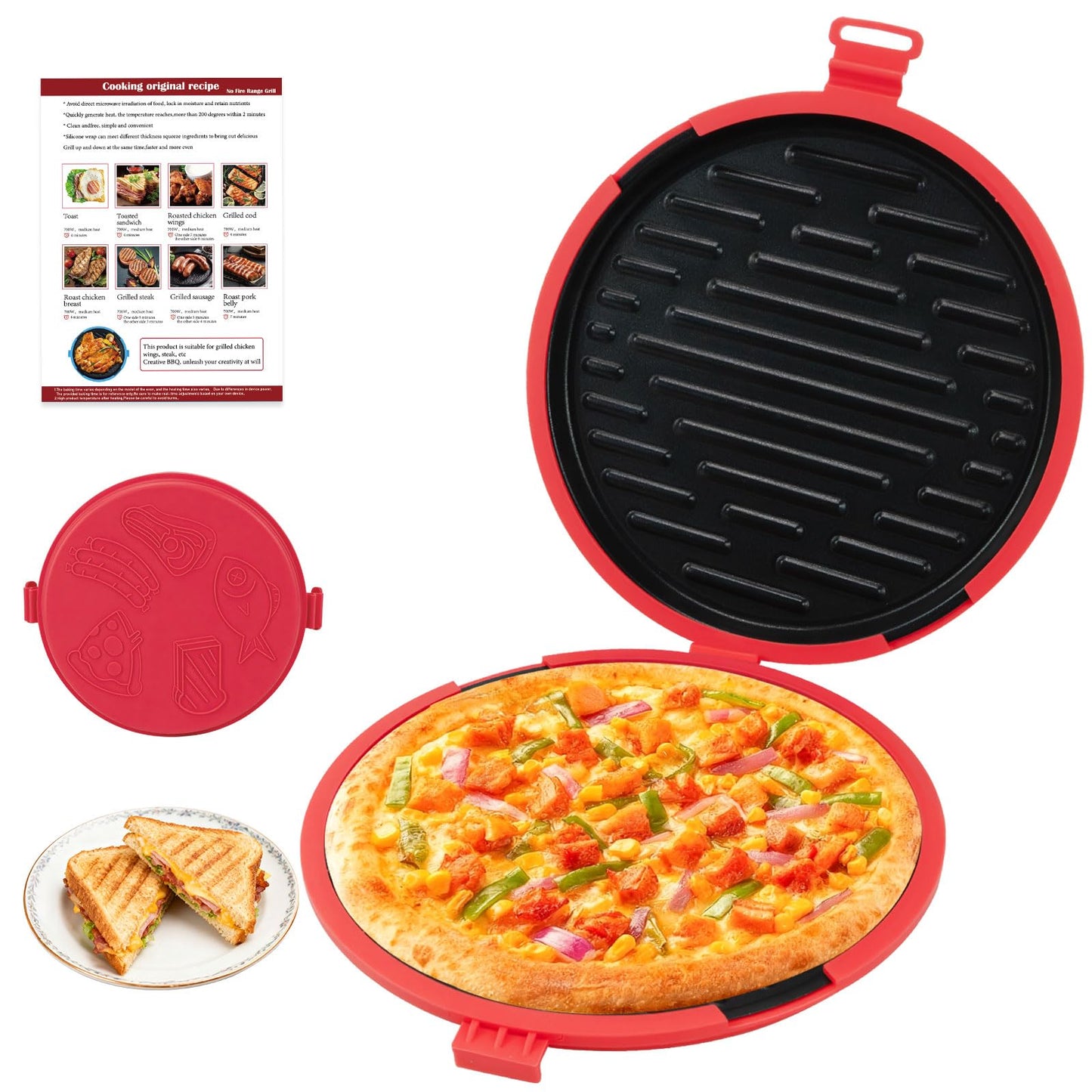 9.5Inch Microwave Sandwich Maker, Microwave Grilled Cheese Maker, Microwave Pizza Oven, Pizza Mark, Bacon Cooker, Toaster, Removable Non-Stick, Grill Crispy in Minutes for Office, Dorm, Travel, Home