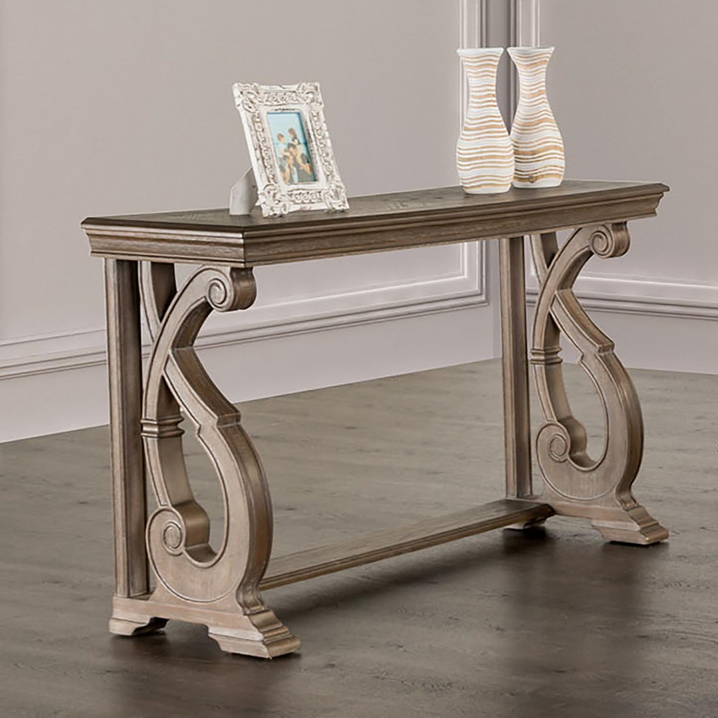 Furniture of America Jinst Solid Wood 50-inch Rectangle Console Table with Ornate Details and Scroll Legs for Small Space, Living Room, Hallway, Weathered Oak