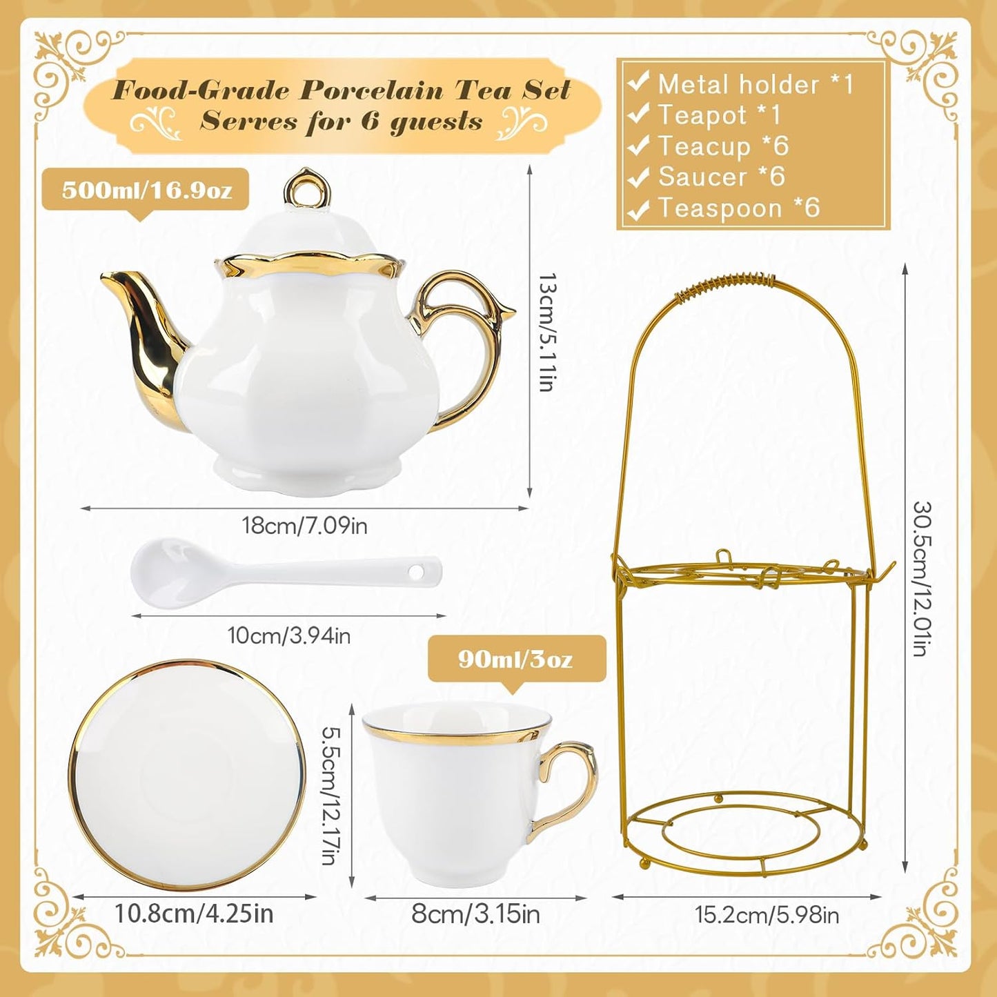 20 Set Set Sets, Set Pcs Porcelain Tea with Metal Holder, European Ceramic Tea for Adults, Coffee Tea Gift French Tea