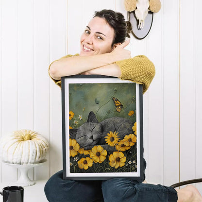 HMDIIMGE Grey Cat Sleeping on Yellow Flowers DIY 5D Diamond Paint Kits for Adults Round Full Drill Diamond Art Painting Easy for Beginner Gems Cross Stitch Mosaic Craft for Home Decor 12x16 inch