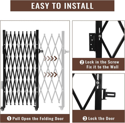 Garvee 85" H x 95" W Single Folding Security Gate, Steel Expandable Fence with 360° Rolling Wheels for Courtyard, Garage, and Garden Access Control