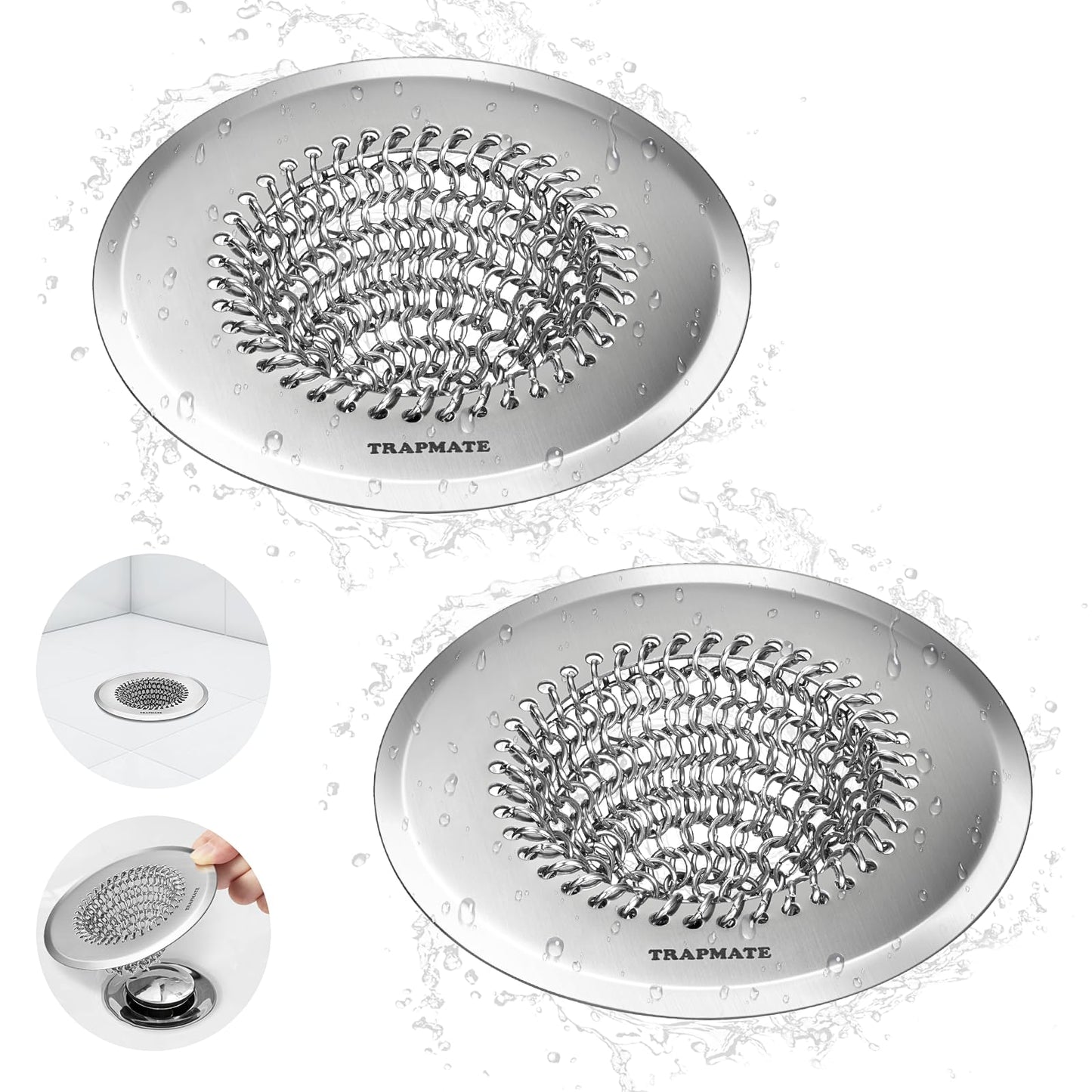 TRAPMATE 2 Pack Bathroom Sink Drain Strainer, 4.4" Fast Drainage Shower Drain Hair Catcher, Anti-Slip Bathtub Drain Hair Catcher, Stainless Steel Shower Drain Cover for Tub, Sink (Patented Product)