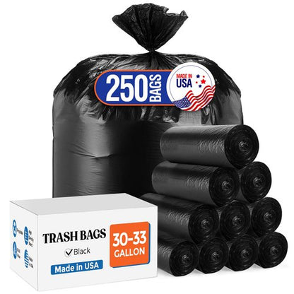 Delxo 30-33 Gallon Trash Bags, 250 Count – Medium Duty Garbage Bags, Thick, Durable & Puncture-Resistant Plastic Bolsas para basura, Perforated Design– Made in USA for Kitchen, Yard, Office (Black)