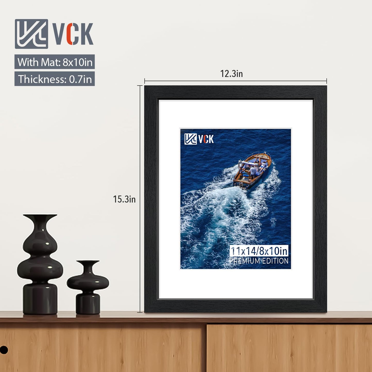 VCK 11x14 Picture Frame Set of 2 - Black, Textured Exclusive Wooden Frames with HD Glass, Display Photo 8x10 with Mat or 11x14 Without Mat