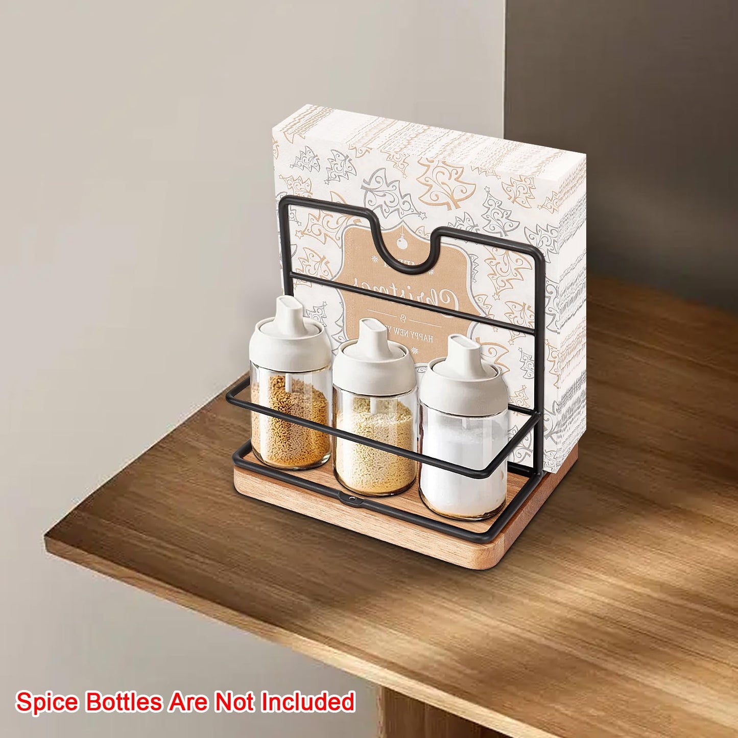 Livabber Napkin Holder, Metal Napkin Storage with Salt and Pepper Shakers Caddy Modern Napkin Dispenser for Table Kitchen Countertop, Not Including Salt and Pepper Shakers (Middle Wooden, Black)
