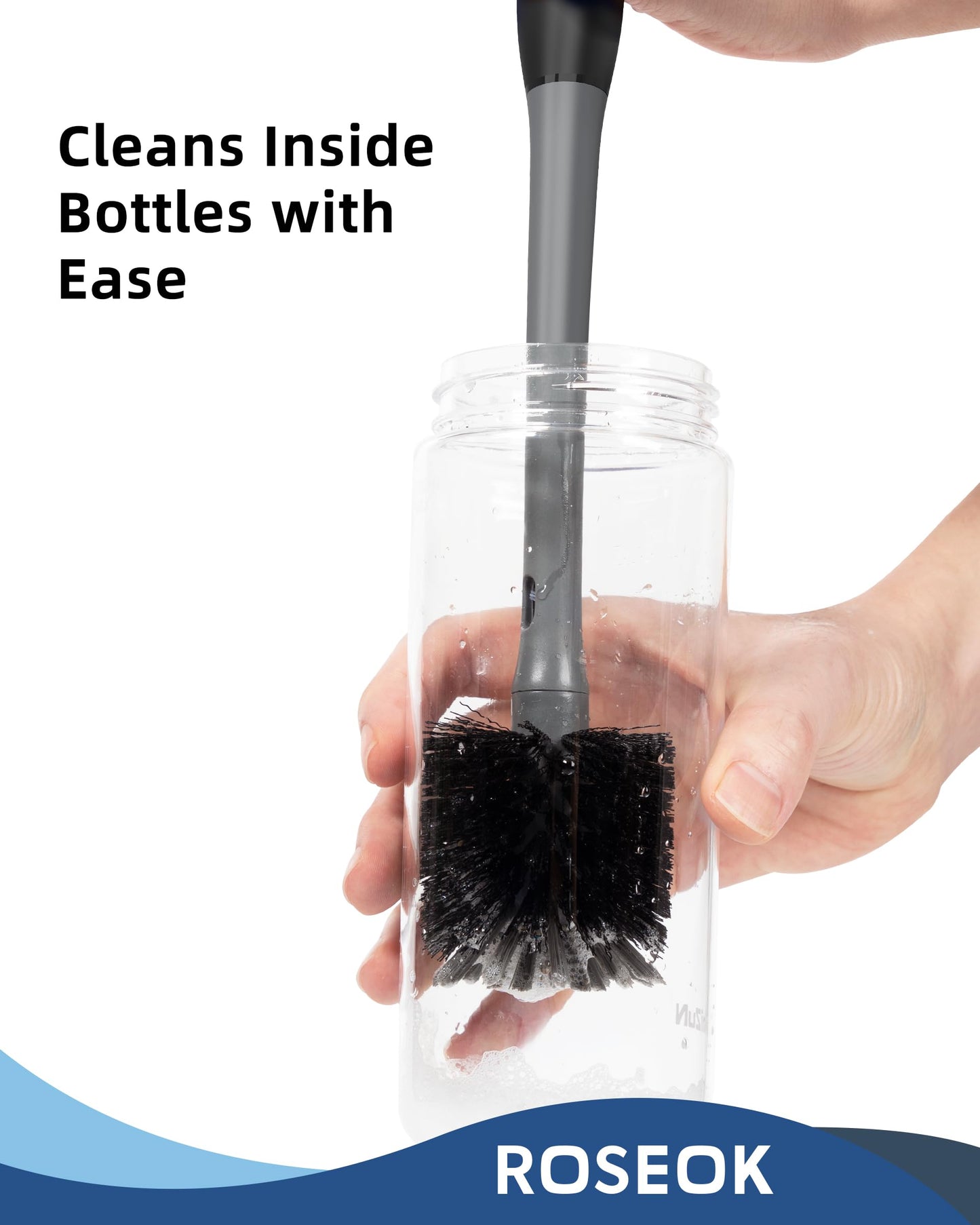 ROSEOK 2 in 1 Long Handle Bottle Brush with Straw Brush for Cleaning Glass, Sports Bottle, Coffee Mug, Black, 1 Pack