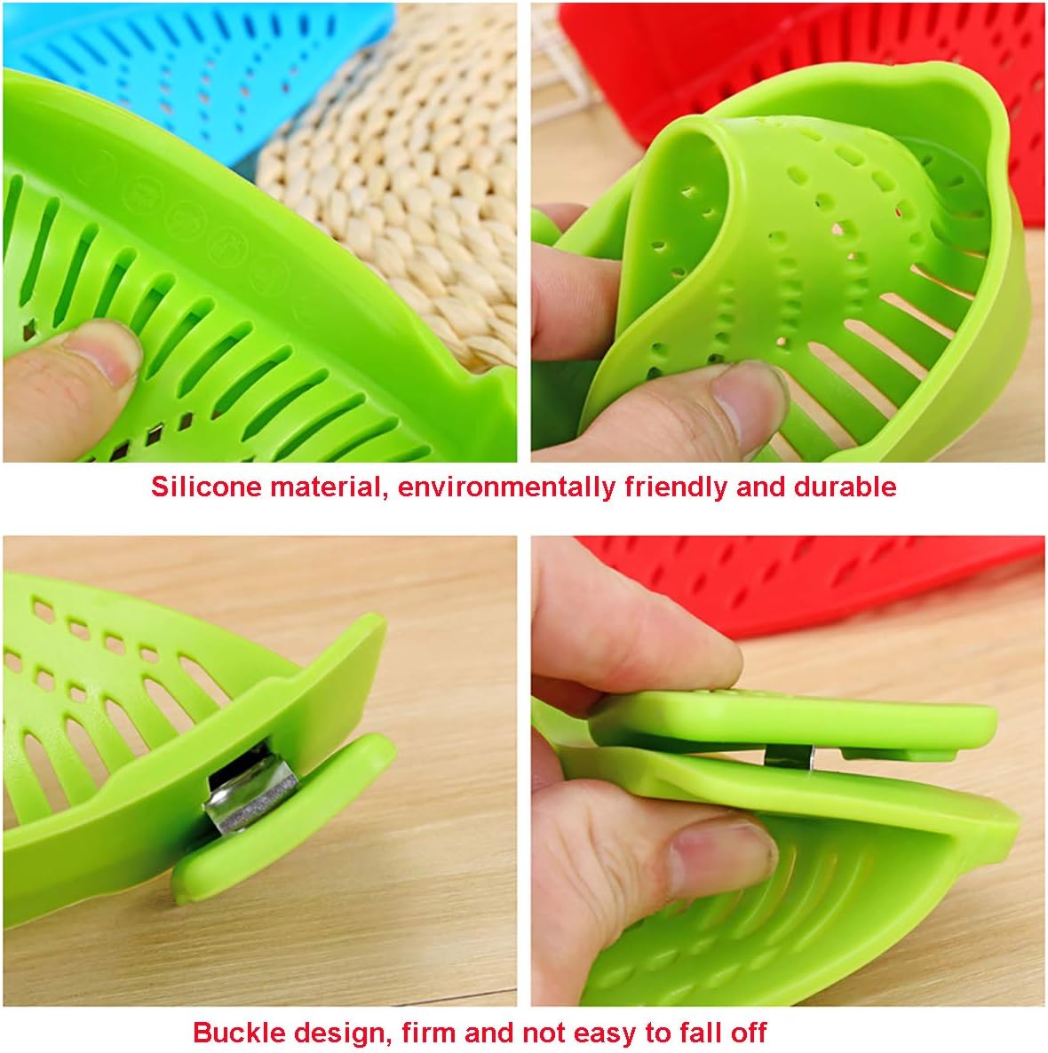 Snap Strainer, Clip-on Heat Resistant Silicone Colander for Pots, Hands-free Pour Spout for Pasta, Vegetables
