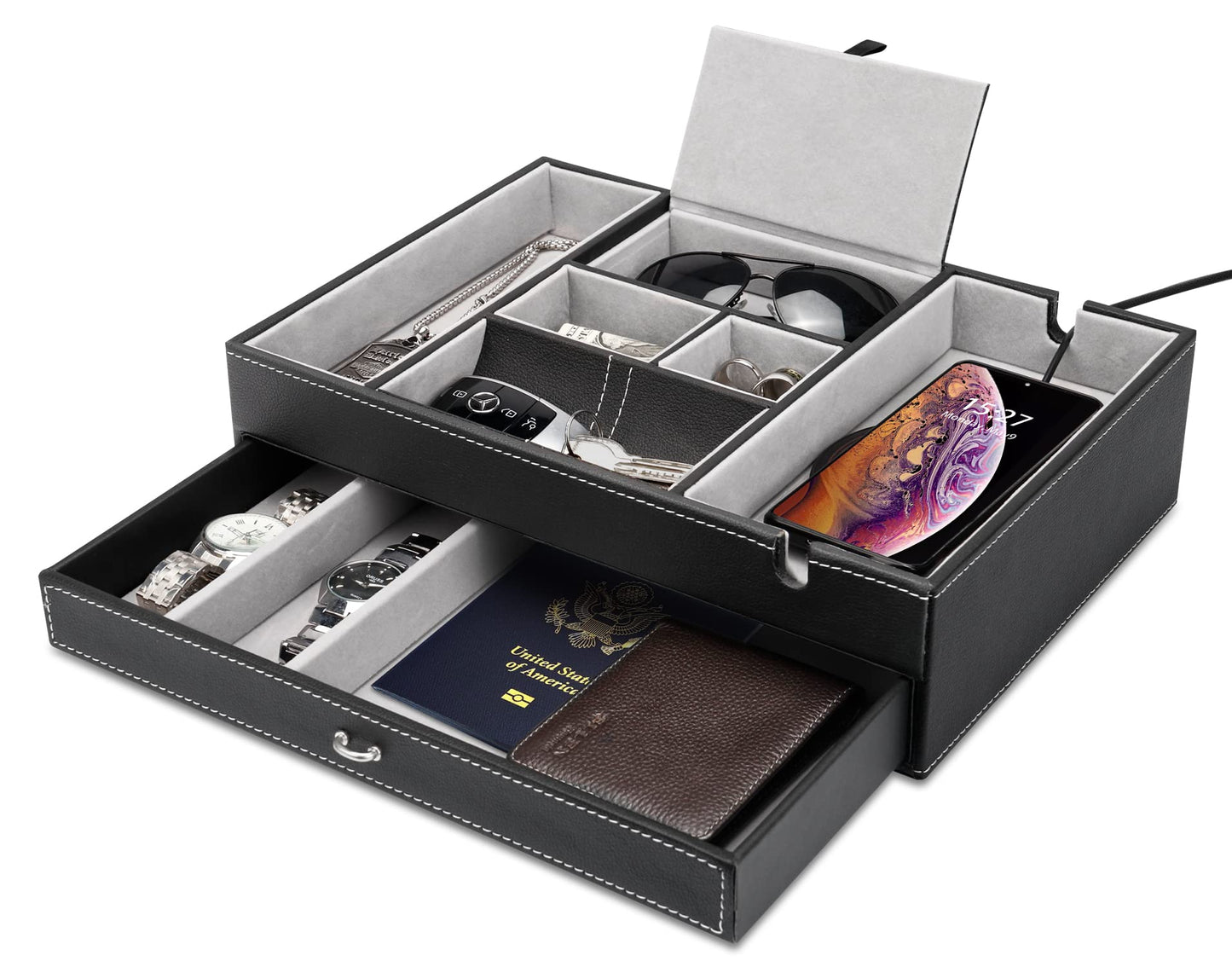 Baoyun Valet Tray for Men, 2 Layers Nightstand Organizers for Men and Women, Leather Jewelry Storage Box, Mens Dresser Top Organizer, Catch All for Jewelry Key Wallet and Phone (Black)