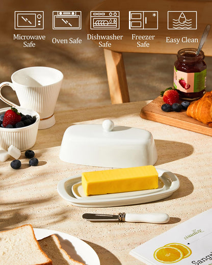 Yedio Ceramic Butter Dish with Lid and Knife for Countertop Refrigerator, 8 Inch White Butter Holder with Porcelain Cover Knob Handle for East West Coast Butter Stick