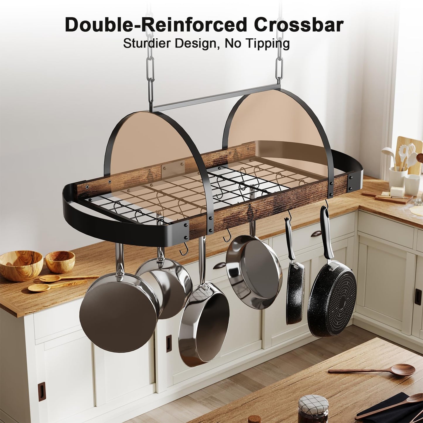 Chloraeon Hanging Pot Rack,32-Inch Ceiling Pot Rack for Kitchen,Space-Saving Pot Hanger with 16 Detachable S Hooks,Sturdy Metal Frame,Industrial Style,for Pot, Pan Storage,Space-Saving