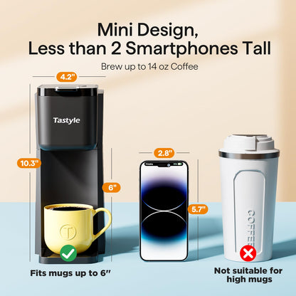 Tastyle Mini Hot and Iced Coffee Maker Single Serve, for K Cup and Ground, 6 to 14 Oz Brew Sizes, with Recipe Book, for Home, Travel, RV, Office and Dorm, Classic Black (2.0 Version)