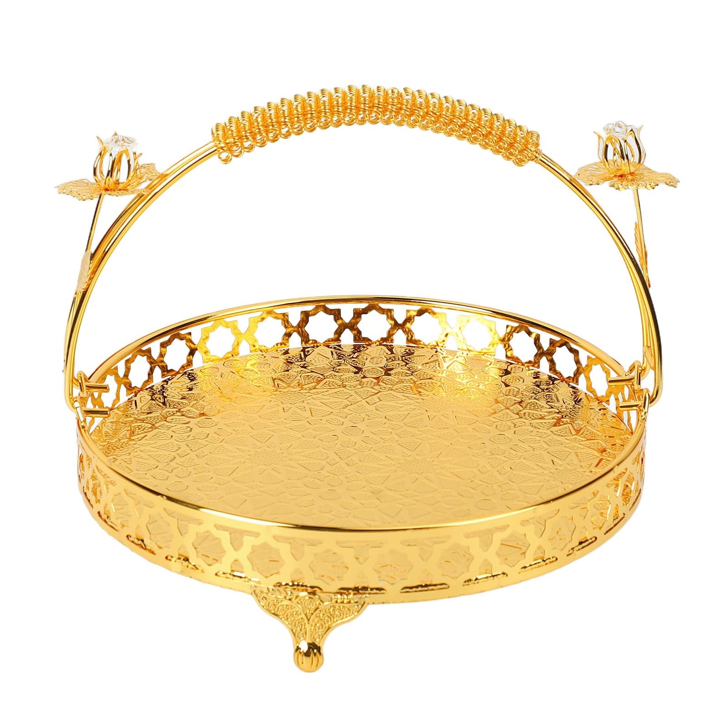 GLOGLOW Vintage Round Fruit Tray with Handle, 10.2 Inch Metal Dessert Platter Gold Cupcake Stand for Wedding Birthday Party Afternoon Tea Candy Cookies