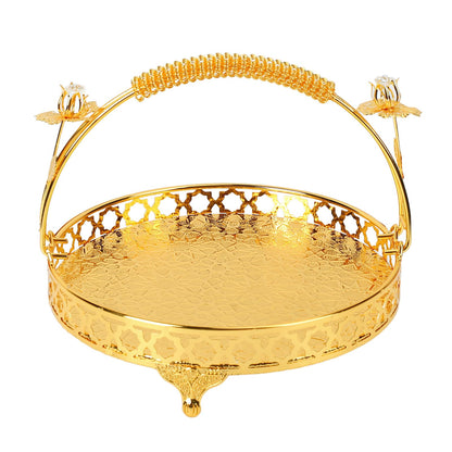 GLOGLOW Vintage Round Fruit Tray with Handle, 10.2 Inch Metal Dessert Platter Gold Cupcake Stand for Wedding Birthday Party Afternoon Tea Candy Cookies