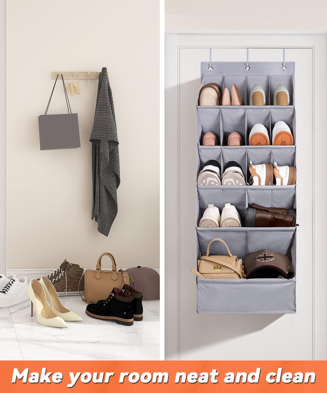 1 Pack Closet 15 FENTEC Over-the-Door-Shoe-Organizers,Hanging Organizers with Large Pocket Shoe Holder Hanging Shoe