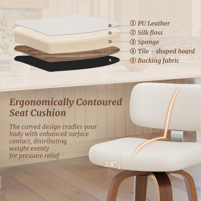 Cozyman Swivel Counter Height Bar Stools Set of 4, 26" Upholstered Seat Barstools with Back Walnut Wood Legs, Mid-Century PU Leather Bar Stools with Footrest for Island/Kitchen/Counter/Bar, White