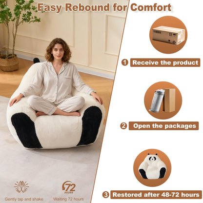 Giant Bean Bag Chair for Adults Kids, 2 PCS Large Bean Chairs with Filler, Panda Design Floor Chairs, Plush Lazy Sofa with Faux Rabbit Fur Cover, Faux Fur Cover, Adult Bean Bag Couches for Bedroom