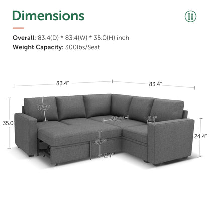 HONBAY Sectional Sleeper Sofa with Pull Out Bed, L Shaped Couch with Storage Seat, Modular Sectional Couches for Living Room, Dark Grey