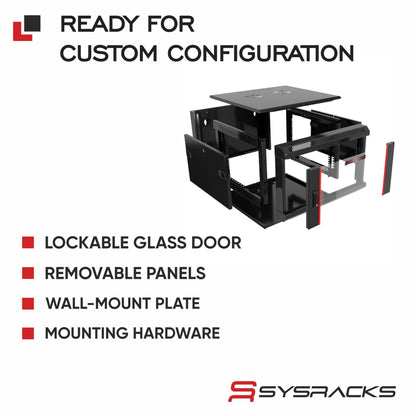 Sysracks 6U Wall Mount Server Rack Cabinet, 19” Network Enclosure, 24” Deep, Locking Glass Door, Custom-Ready IT Rack