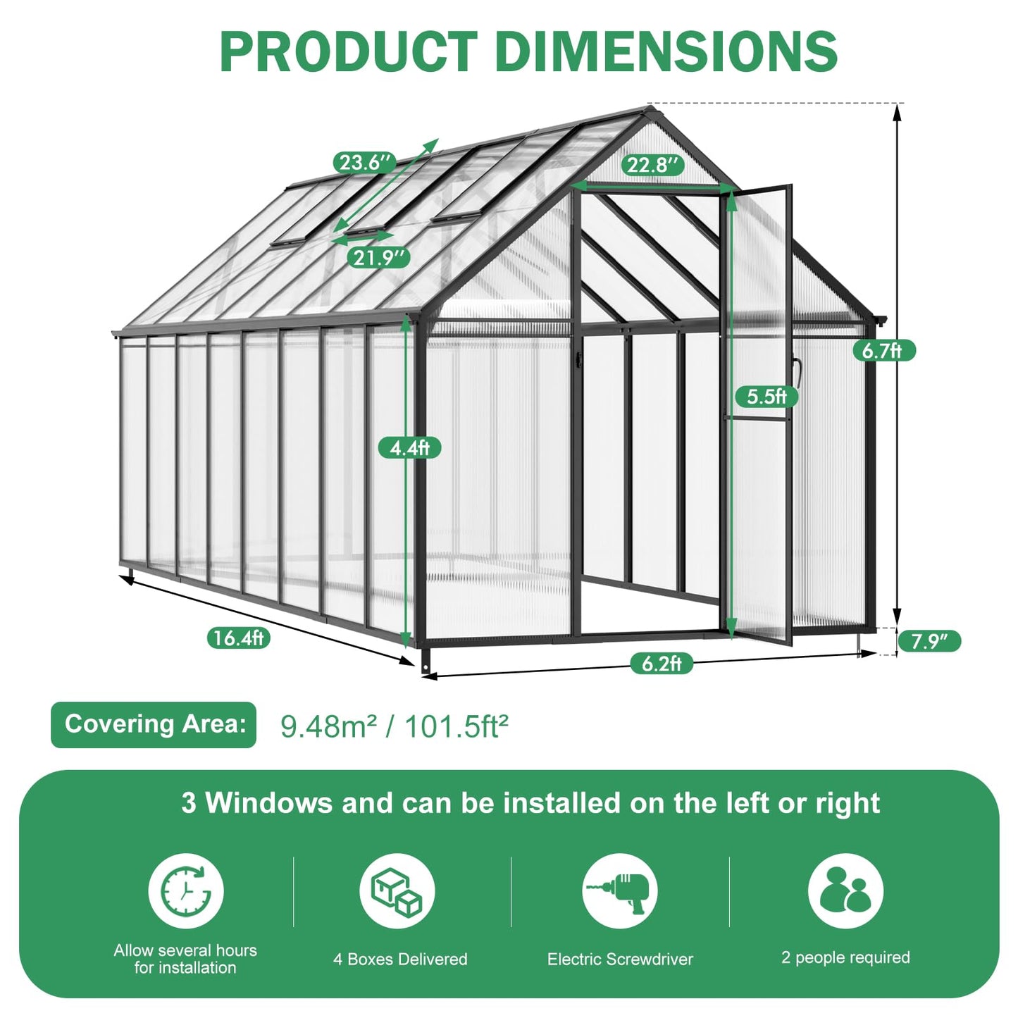 CDCASA 16x6 FT Greenhouse for Outdoors, Easy Assembly Large Aluminum Heavy Duty Polycarbonate Greenhouses Kit w/2 Window, Swing Door, Walk-in Green House for Outsides, Sunroom, Backyard, Garden