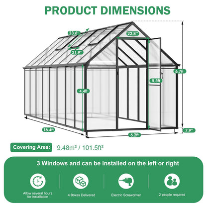 CDCASA 16x6 FT Greenhouse for Outdoors, Easy Assembly Large Aluminum Heavy Duty Polycarbonate Greenhouses Kit w/2 Window, Swing Door, Walk-in Green House for Outsides, Sunroom, Backyard, Garden