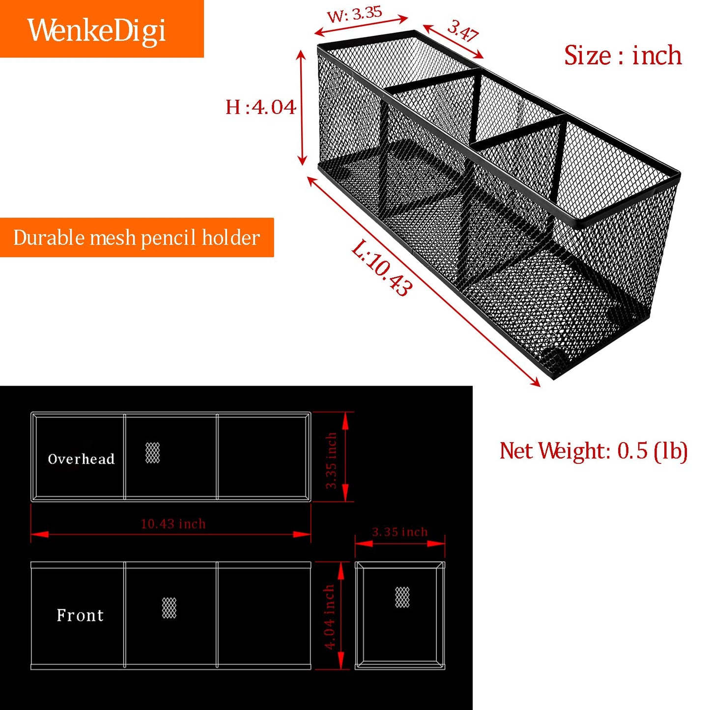 Metal Mesh Pencil Holder, Spacious 3-Compartment Desk Organizer for Pens, Makeup Brushes, Utensils, Multipurpose Office, School ,Kitchen, Home Desktop Storage, 10.43 x 3.35 x 4.04 Inches, Black